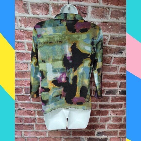Vintage Essentials Milano Abstract Green Blouse – Women’s M 3/4 Sleeve Top - Picture 2 of 7